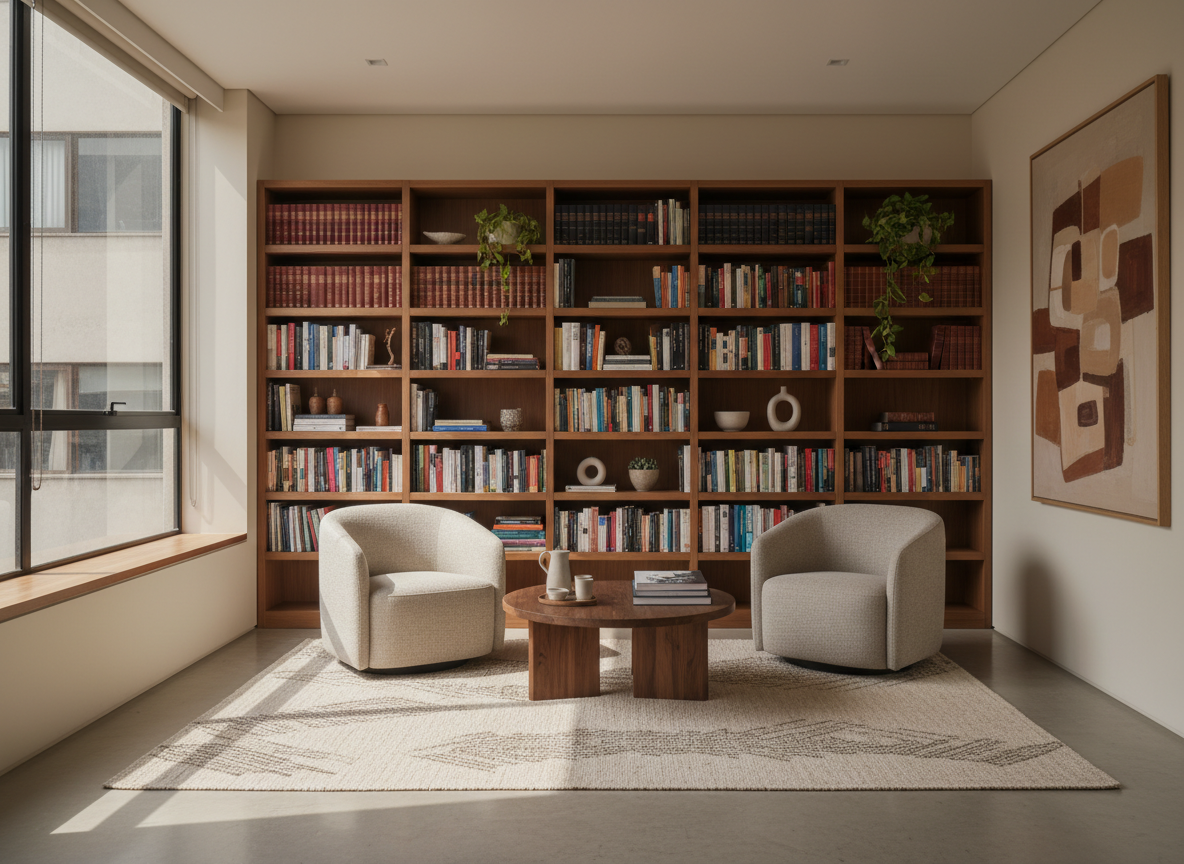 Consultorio cálido y elegante con luz natural, estantería con libros y sillones neutros