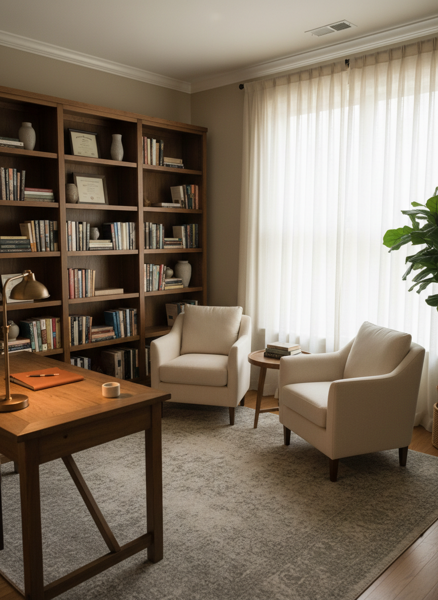 Consultorio de psicoanálisis, sala cálida con luz natural, sillones y librería